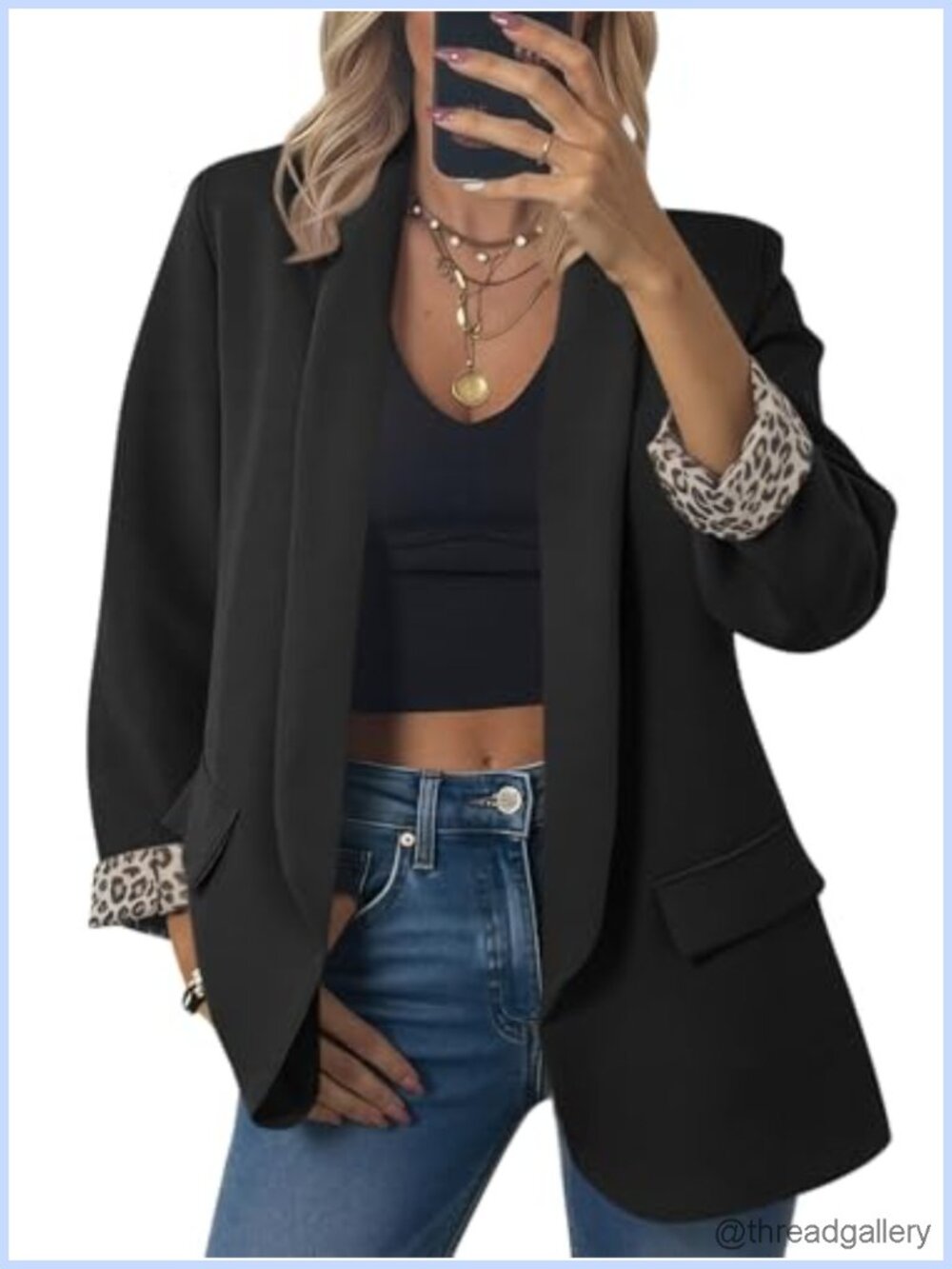 Leopard Lined Shawl Collar Blazer Open Front Business Casual